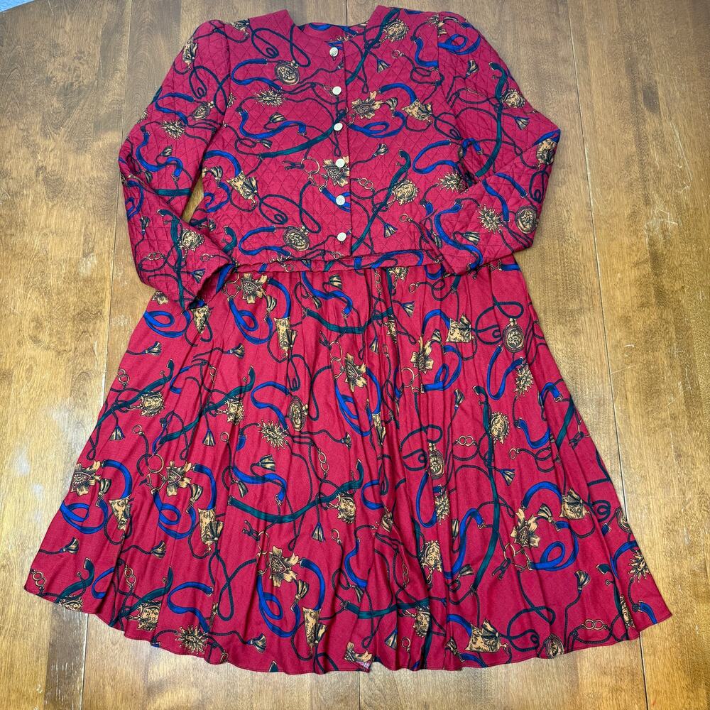 Vintage Jeffrey & Dara 9/10 Equestrian Print Quilted Jacket Skirt Set Rayon